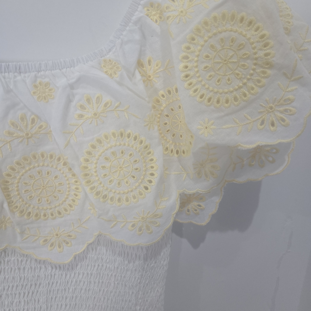 Francesca's Smocked Crop Top White Yellow Eyelet Ruffle Cottagecore Boho - Picture 4 of 6